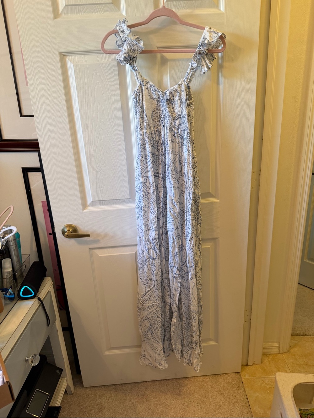 Light Blue Paisley Maxi Dress with Ruffled Shoulder Straps